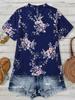 Amazon's new loose top fat mm meat cover top navy blue floral lace-up wooden ear edge loose short-sleeved T-shirt