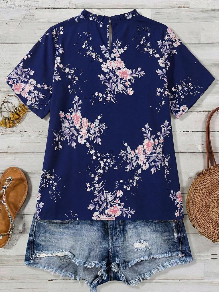 Amazon's new loose top fat mm meat cover top navy blue floral lace-up wooden ear edge loose short-sleeved T-shirt