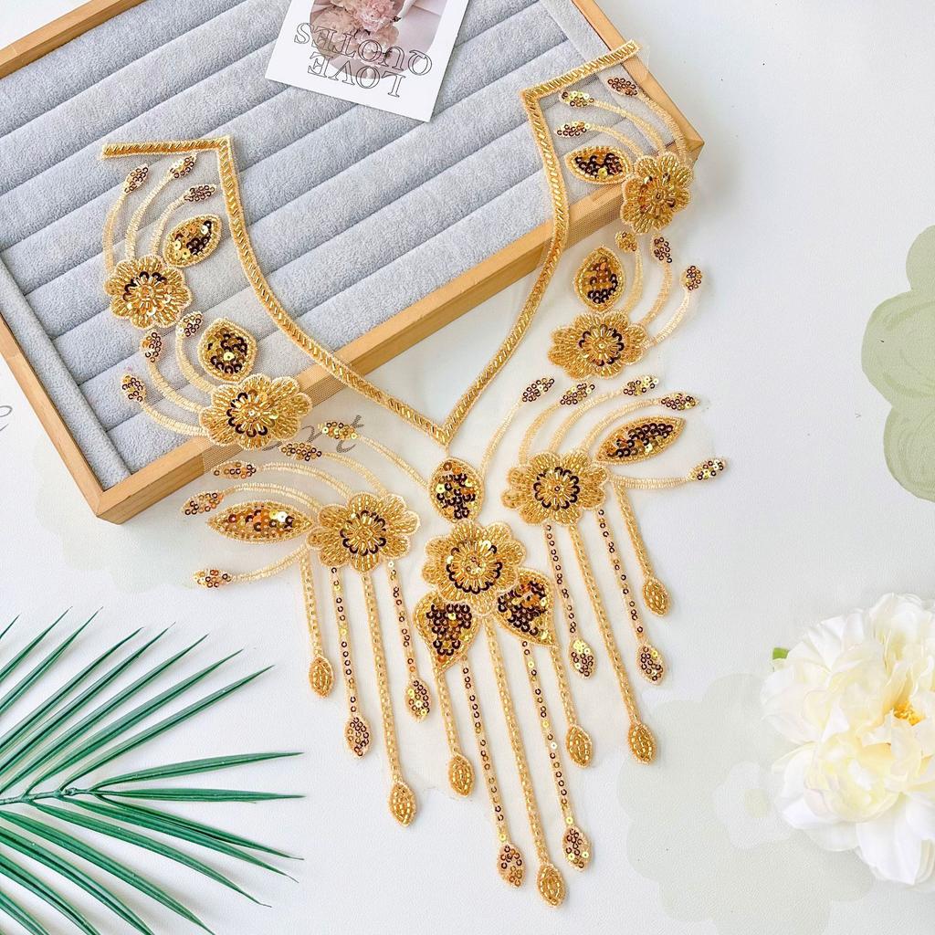 Gold Heavy Industry Beaded Sequins V-Neck Embroidered Decal Dress Performance Dress Decorative Front Neck Cloth Stickers Accessories