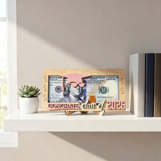 Graduation Money Holder, Class of 2026 Grad Card Gift Box, Wooden Cash Money Envelope Holder for High School College Graduates