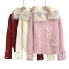 American Retro Fur Collar Twist Knitted Zipper Cardigan Jacket Autumn and Winter Slim-fitting Short Beautiful Flower Outer Wear Inner Top