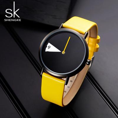 Hete Verkoop Creatieve Dames Quartz Polshorloges Dames Horloges Roterende Gele Leren Band Klok Cadeaus voor Vriendin