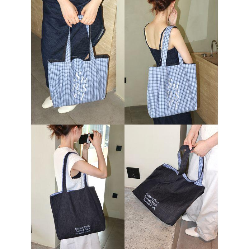 

Sunsetpark Double Bag Double-sided Back Retro Plaid Letters Large Capacity Denim Shoulder Tote Bag Denim Plaid(Double bread)
