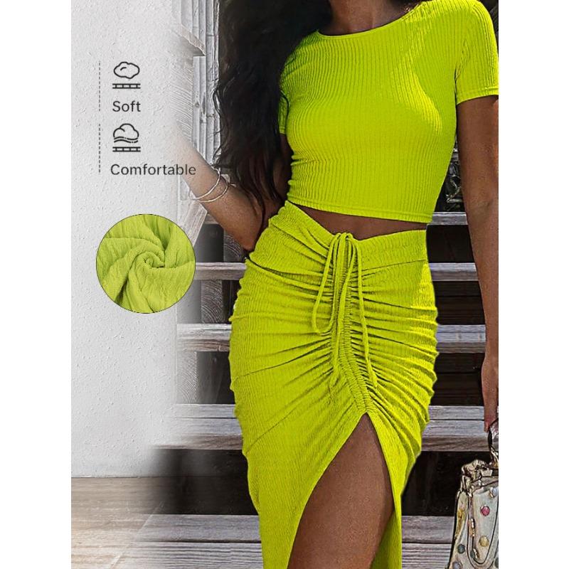 Women's Short-sleeved Body-hugging Skirt Set Slit Skirt Short-sleeved Top Set