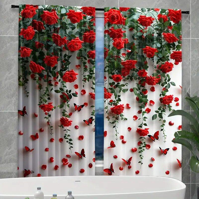 2 Stück Vorhänge mit rosenrotem Druck, Stangentaschenvorhänge 42*84, Schlafzimmer und Wohnzimmer, Heimdekoration, Raumdekoration