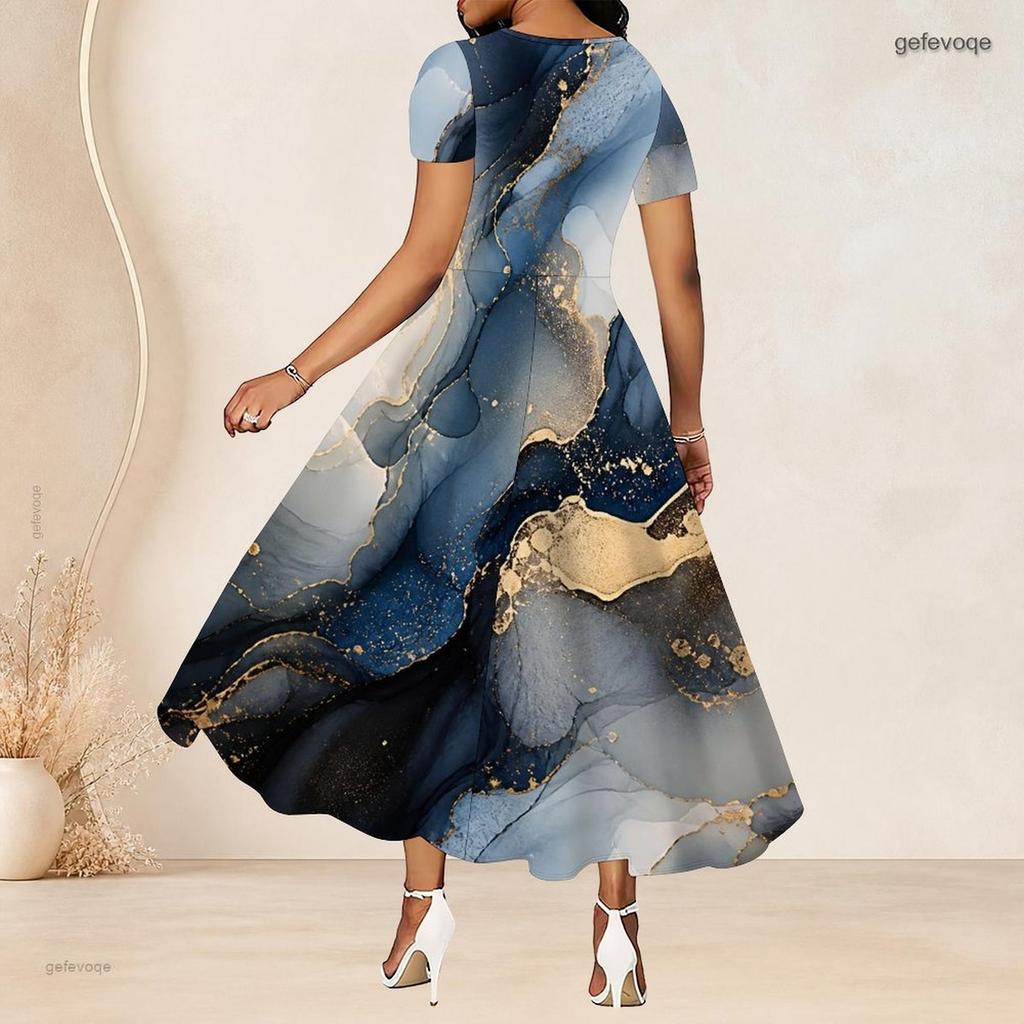 Women Plus Size Round Neck Short Sleeve Blue Gold Printed A Line Long Dress