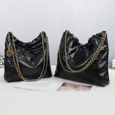 New Bag With Large Capacity Top Layer Cowhide Bucket Bag Leather Pleated Chain Shoulder Bag Fashionable Garbage Bag