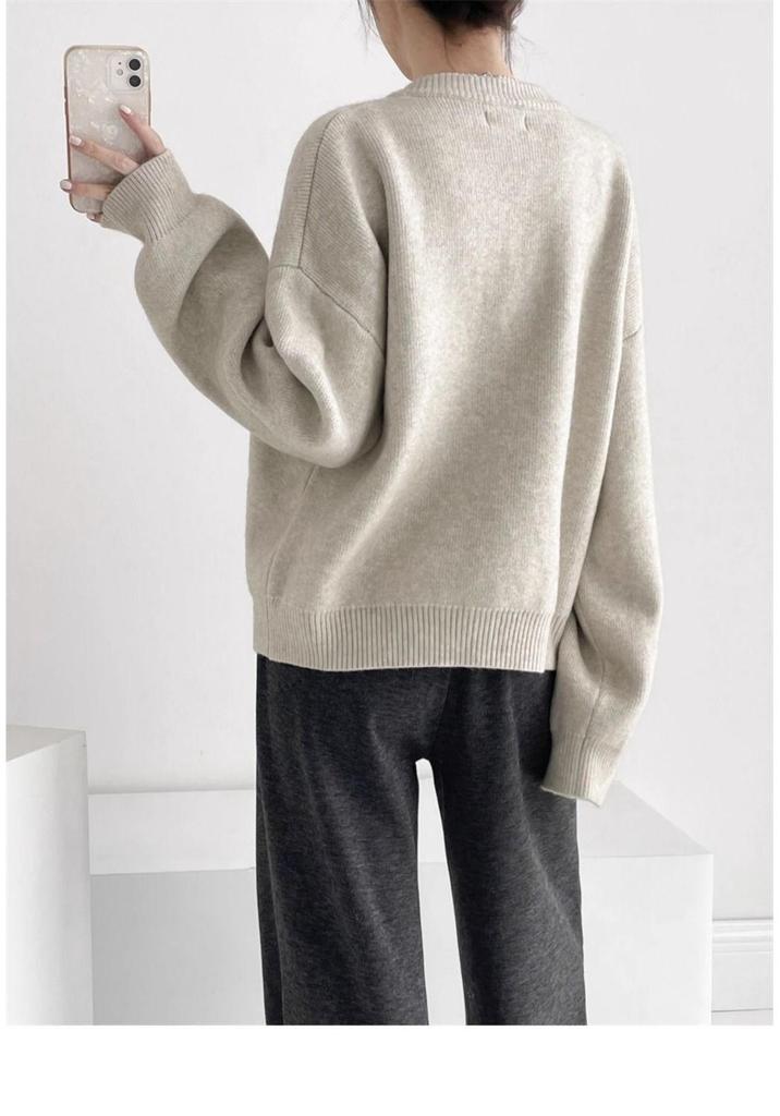 Thick Knit Single-Breasted Solid Color Cardigan - Loose Fit, Round Neck