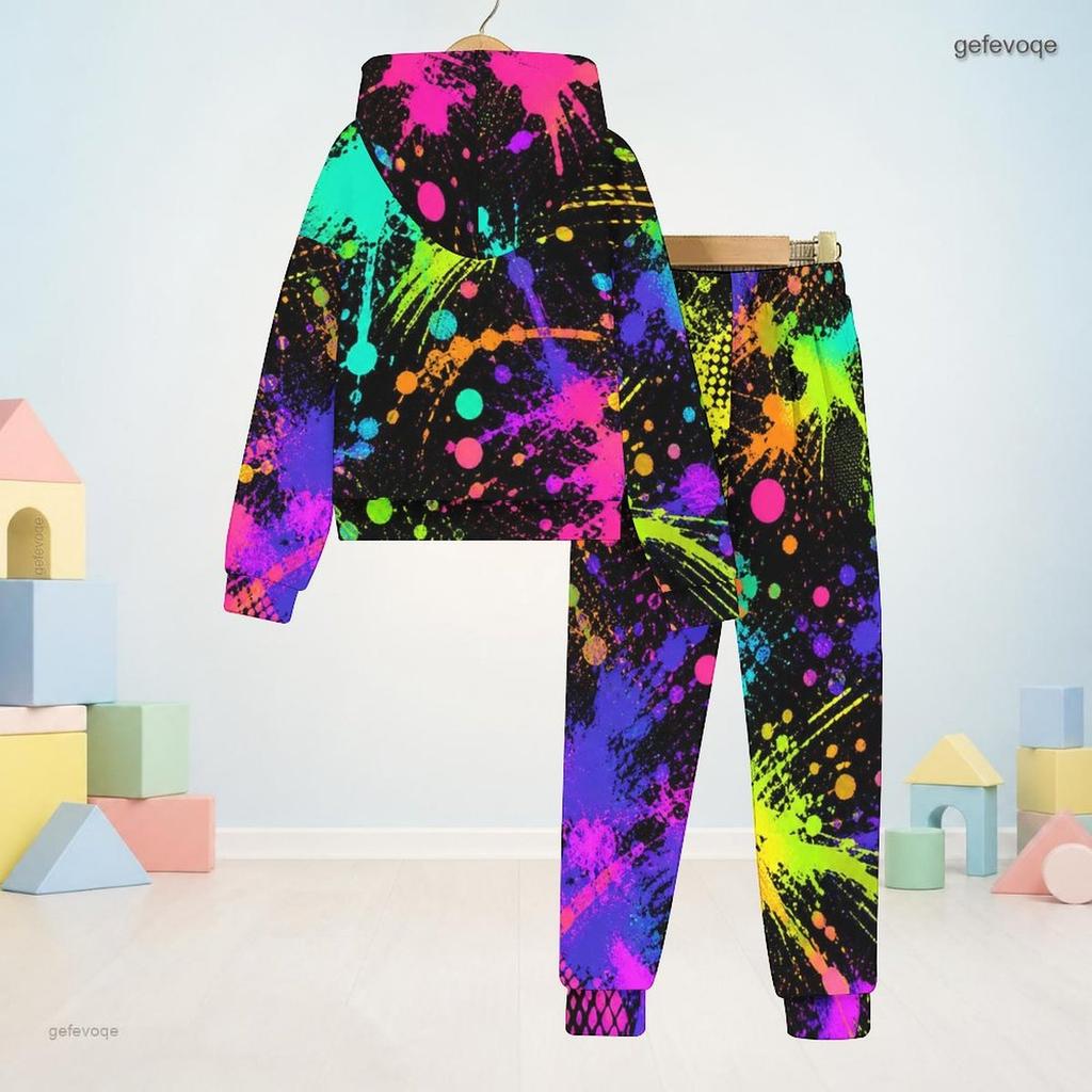 Kids Boys Girls Colorful Splash Printed Hooded Long Sleeve Sweatshirt Cuffed Pants Two Piece Set