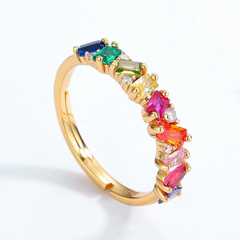 Summer Sale: Luxury S925 Silver Plated 10K Gold Rainbow Zircon Ring – Simple European & American Style for Index Finger.
