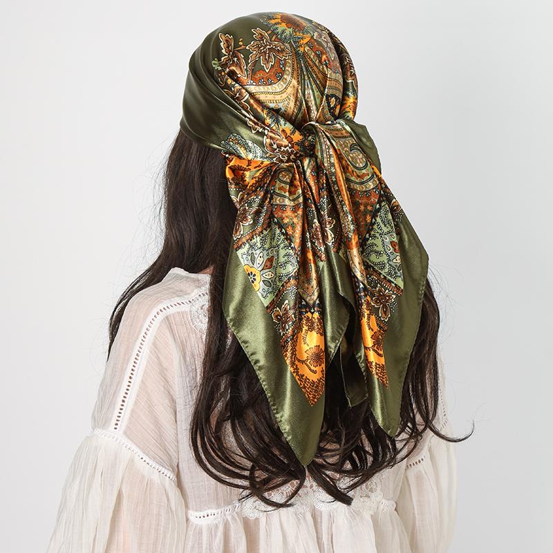 90*90cm Women Hijab Satin Square Scarf Paisley Cashew Print Silk Scarf Neckerchief Shawl Wraps Headband Hair Accessories Bandana