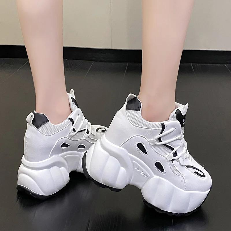 Móda Léto Dámské Klínky Robustní Tenisky Bílé Černé Ležérní Boty Dámské Vulkanizované Boty Vysoká Platforma Kožené Tenisky Žena Jaro