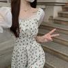 Bubble sleeve floral dress summer Japanese and Korean small fragrant style splicing square neck short sleeve waist medium and long A-shaped skirt