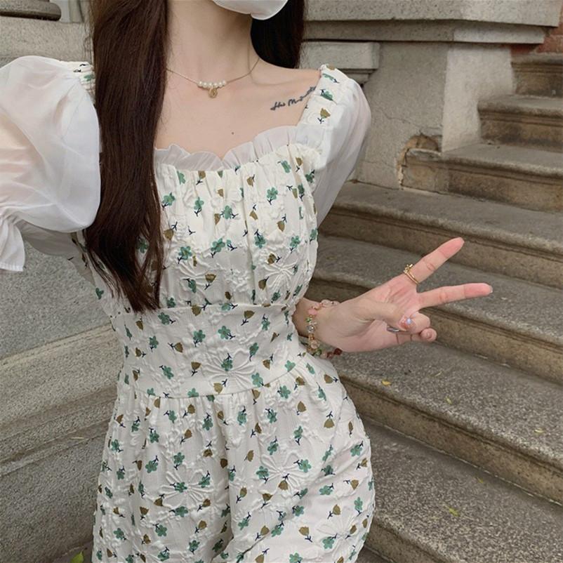 Bubble sleeve floral dress summer Japanese and Korean small fragrant style splicing square neck short sleeve waist medium and long A-shaped skirt