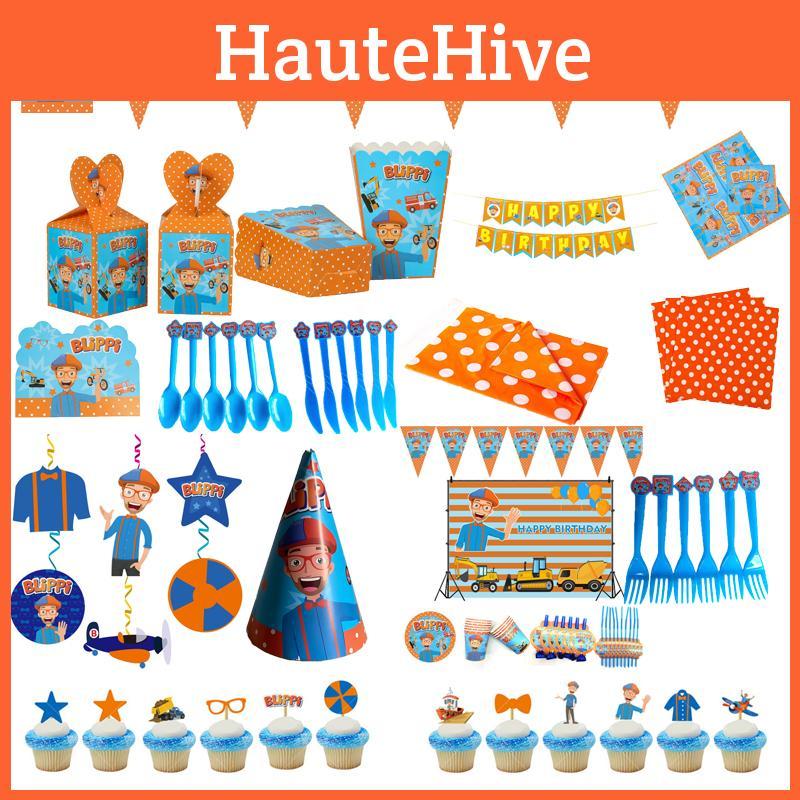 Birthday Party Blippi Supplies Paper Cups Plates Banner Straw Kids Balloon Decor