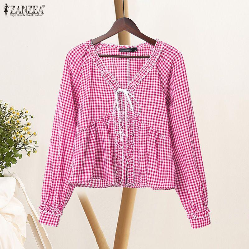 ZANZEA Women Casual V-Neck Plaid Print Loose Long Sleeve Blouse