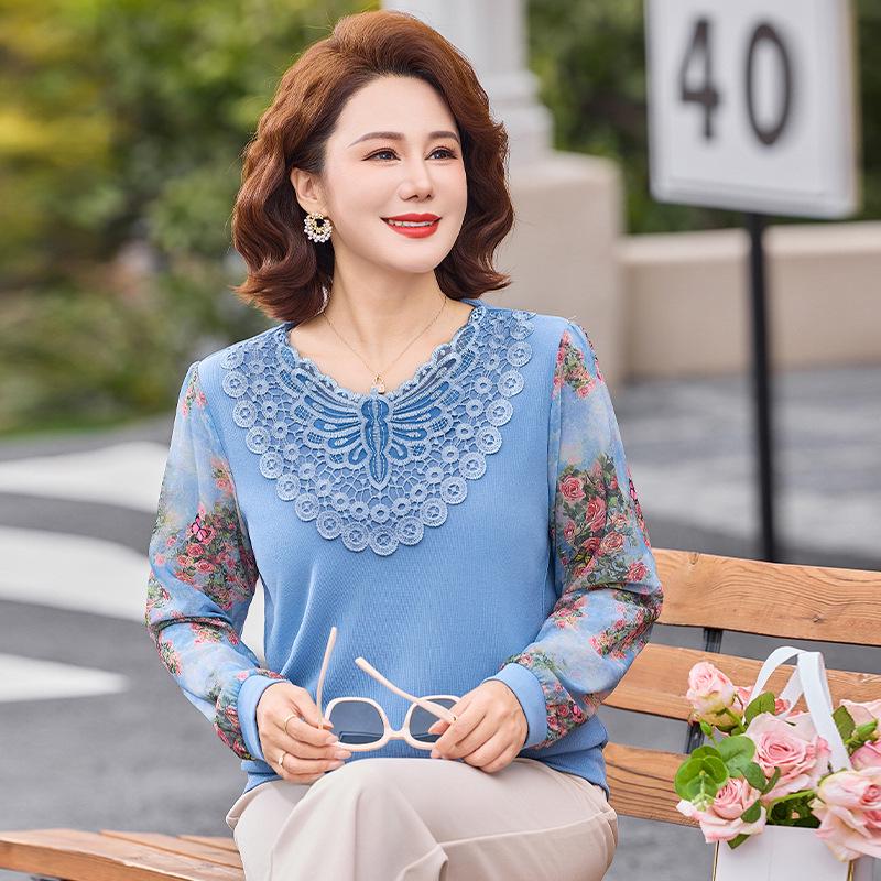 

New Spring Arrival: Women s Printed Lace Ruffle Collar Long Sleeve T-shirt - Elegant Loose Fit for Middle-Aged and Elderly 4XL for 135-150 lbs синій