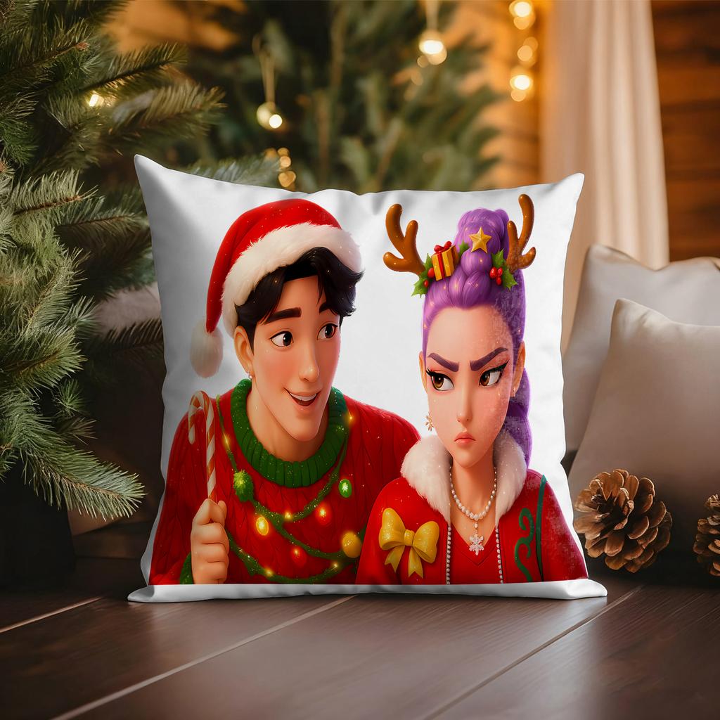 KPop Demon Hunters Blue Cat wearing Christmas Hat with Colorful Lights Christmas Pillowcase fashion Home Decoration
