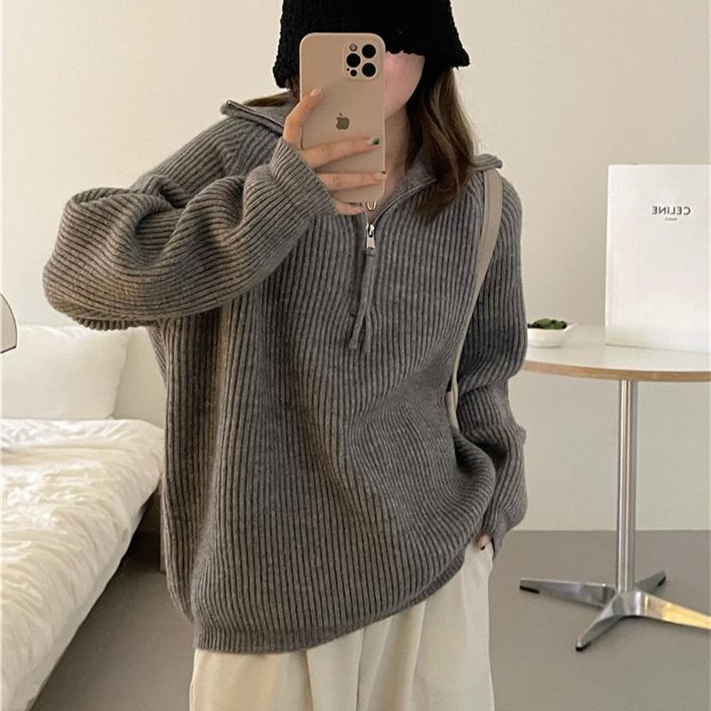 Solid-color loose knit sweater for women, laid-back fashionable Korean style, high neck, half-zip pullover sweater, versatile for autumn and winter