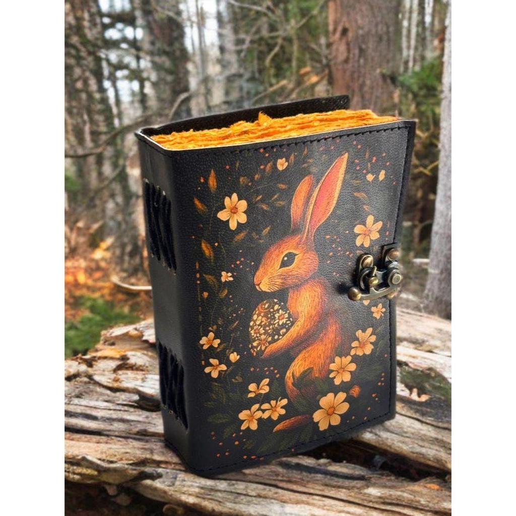 Grimoire Vintage leather journal, Bunny Easter Rabbit Fat Journal, Blank spell book of shadows Celestial Christmas Gifts
