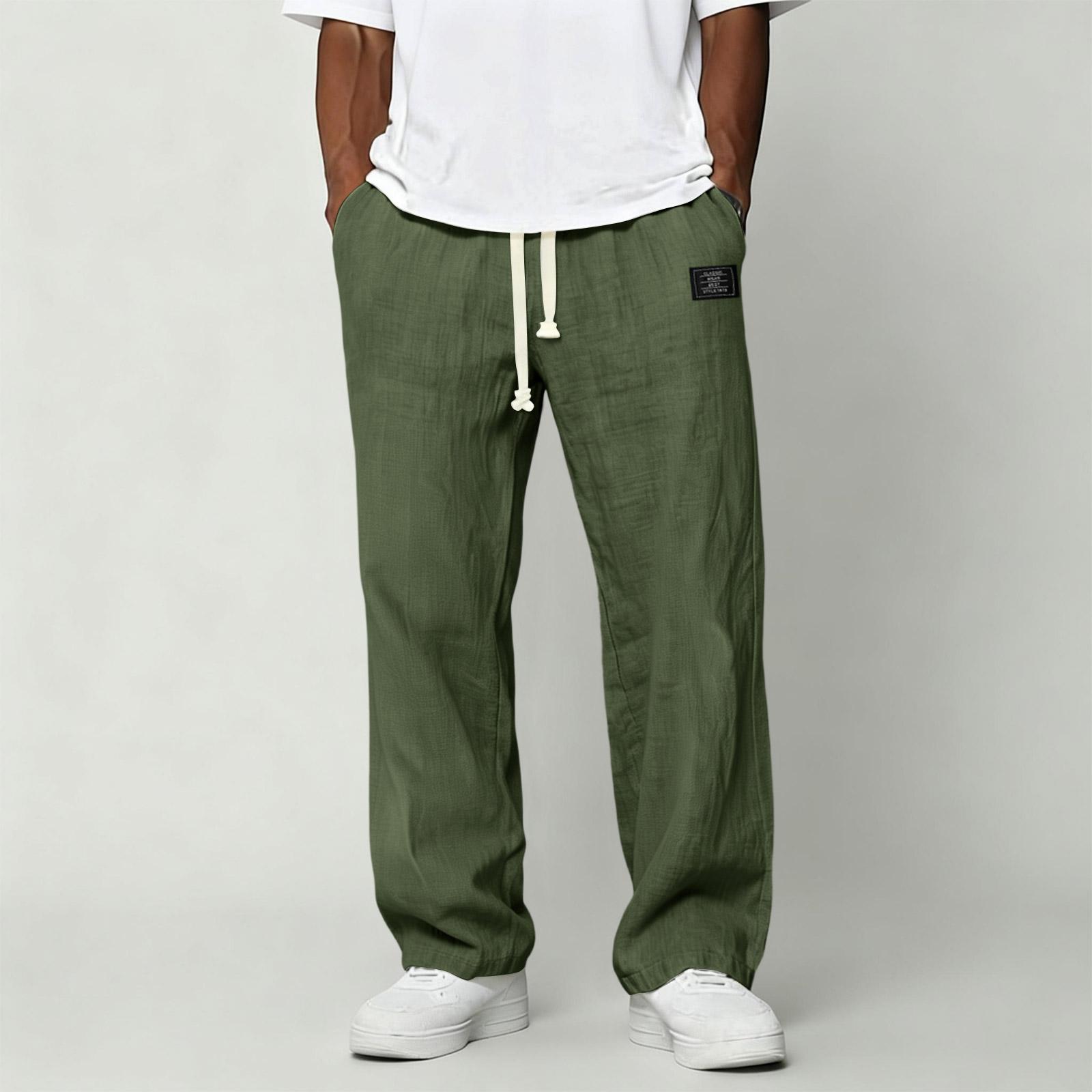 

Мужские повседневные брюки из хлопка и льна | Эластичный пояс на шнурке, свободный крой, легкие летние брюки для пляжа и дома L армия зеленый