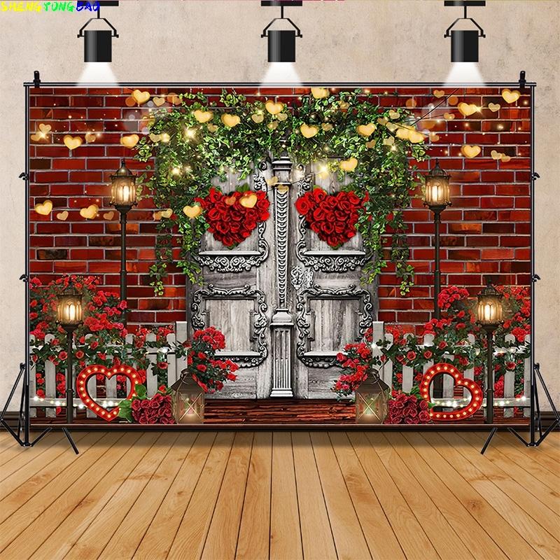 Vinyl Custom Glamorous Valentine's Day Photography Backdrops Props Pink Bokeh Red Rose Vintage Wooden Door Wall Background AL-21