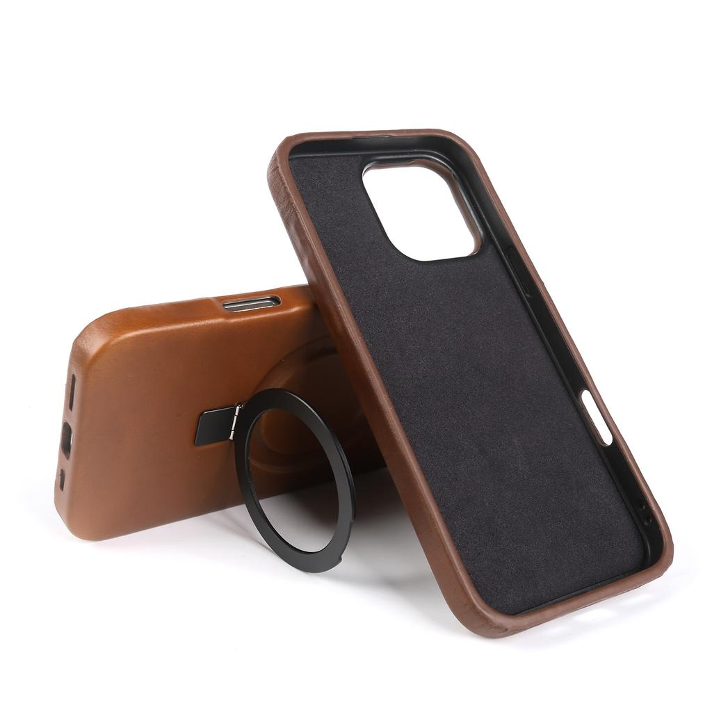 Stand Bracket Genuine Leather Case For iphone 16 Pro Max 16e 15pro 14 13 12 11 Full Wrapped Phone Cases Cover+Magnetic Holder