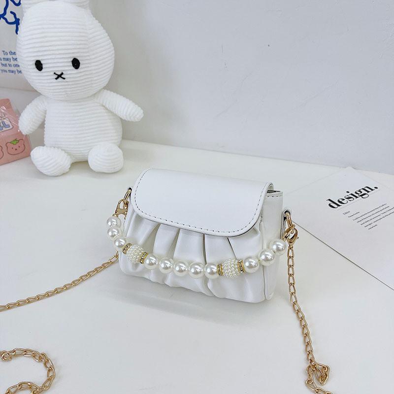 

Stylish Childrens Pearl Handle Princess Bag Trendy Ruffled Mini Purse With Chain Strap белый