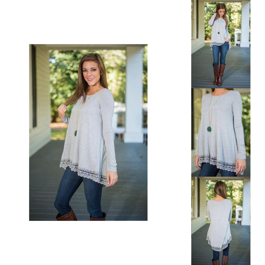 Long Sleeve T Shirt For Women With Lace Splicing In Polyester Fabric For Casual Streetwear