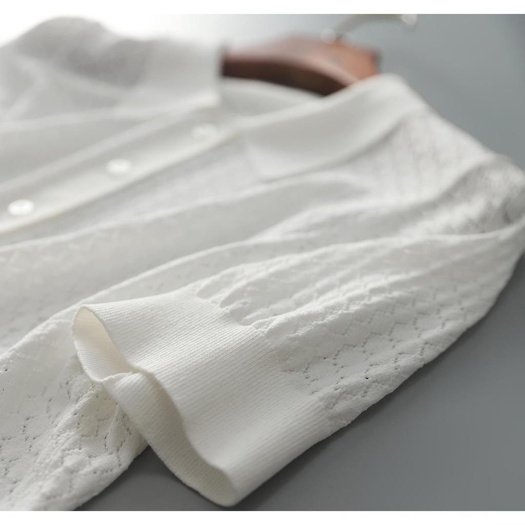Women's White POLO Collar Knitted T-shirt Summer Loose Ice Silk T-shirt Hollowed Out Knitted Top