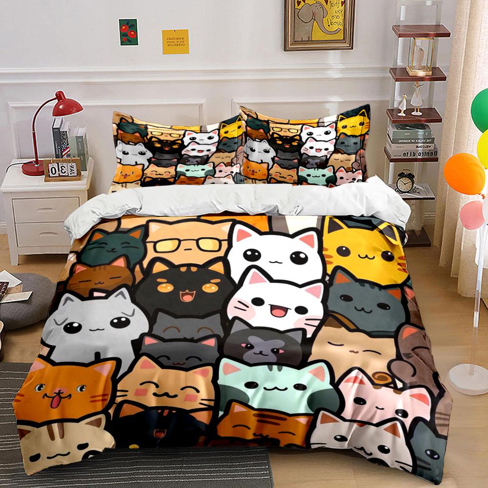Cute Cartoon Cat Faces Bedding Bedding Duvet Cover Set Duvet Cover Pillowcases (1 * Duvet Cover 2 * Pillowcases, without duvet insert)