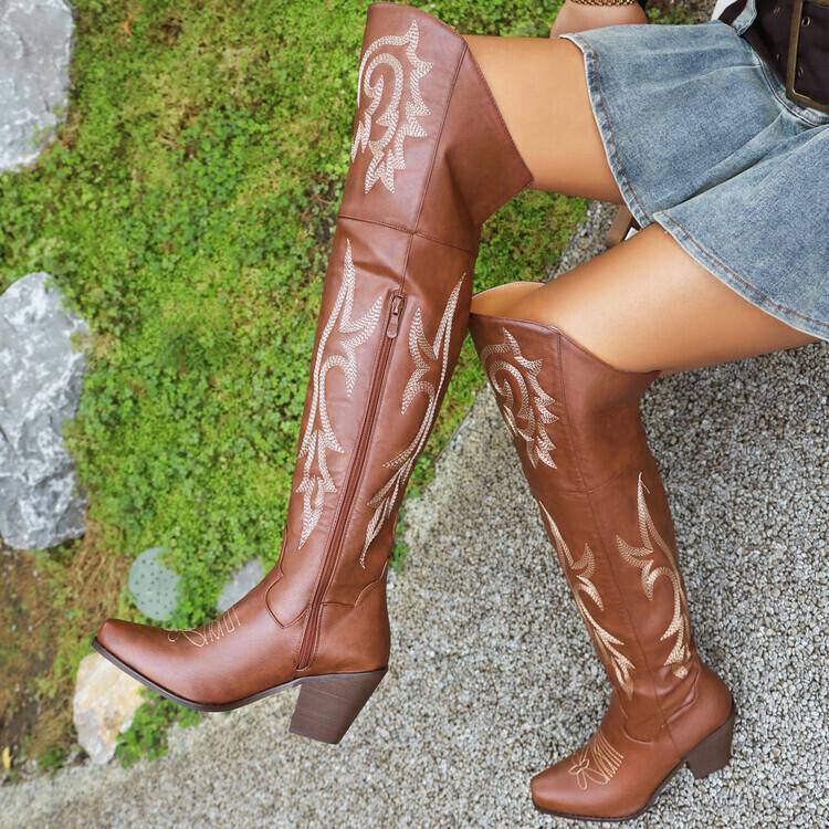 European and American new thick-heeled cowboy boots high-heeled knee-length fashion knight boots women's knee-embroidered western boots