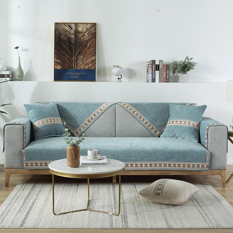 European Style Chenille Sofa Cover Dustproof Belt Anti-skid Silicone Particle Furniture Protective Cover Easy-going Sofa Cushion