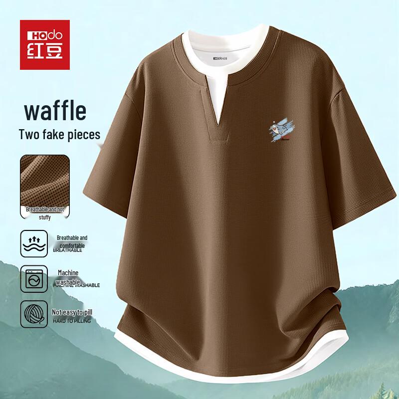 Hodo Men's Summer Waffle Faux Two-Piece Round Neck T-Shirt