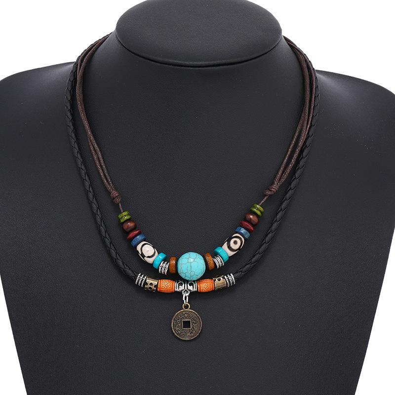 Multi-Layer Vintage Coin Pendant Leather Beaded Weaved Prayer Necklace Fashion Jewelry Gifts