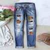Women's Mid Rise Straight Leg Distressed Halloween Pumpkin Ghost Patch Print Long Denim Pants Summer Street Jeans