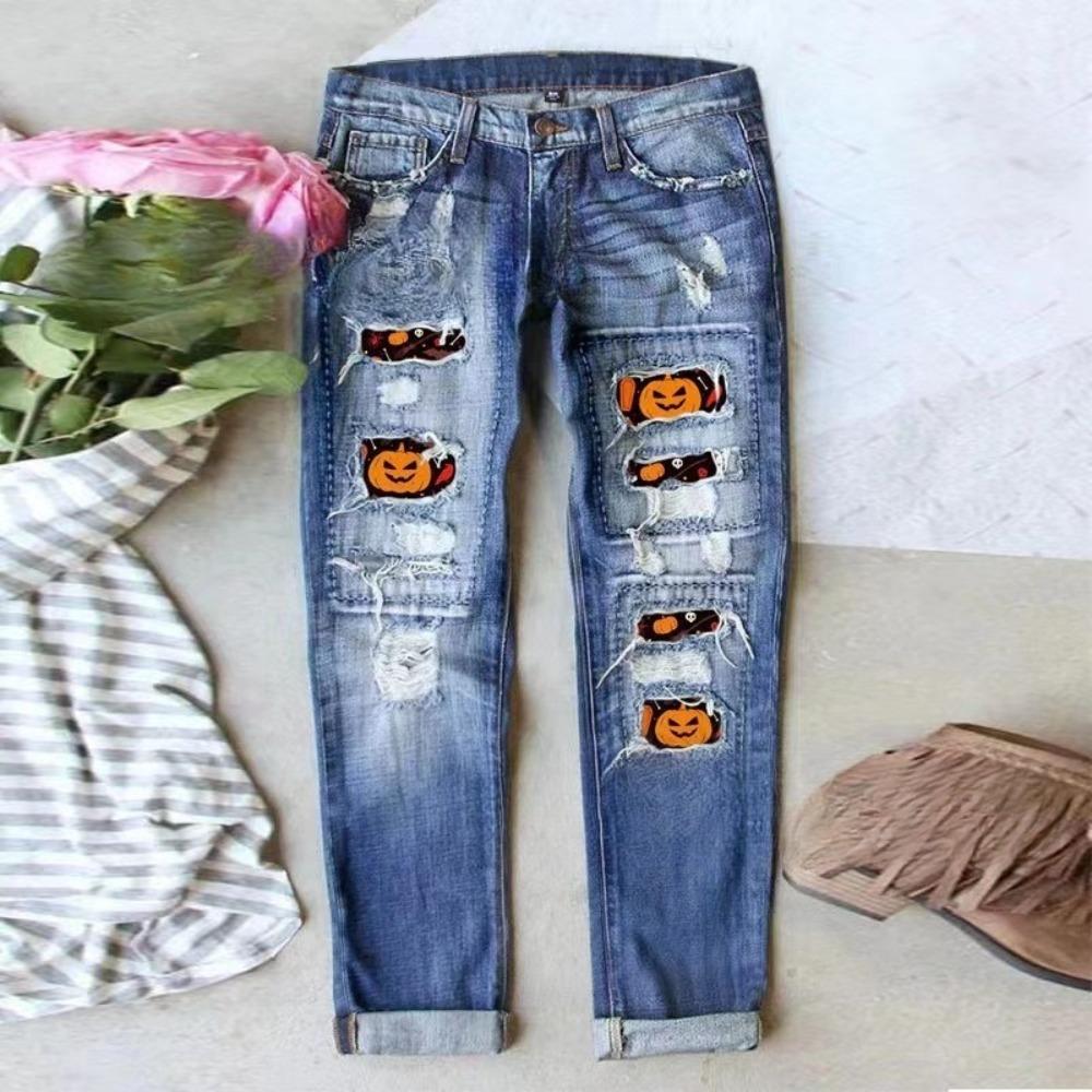 Women's Mid Rise Straight Leg Distressed Halloween Pumpkin Ghost Patch Print Long Denim Pants Summer Street Jeans