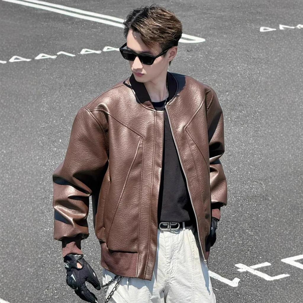 Black Handsome Baseball Collar Leather Jacket Mens Autumn Short Motorcycle Jacket