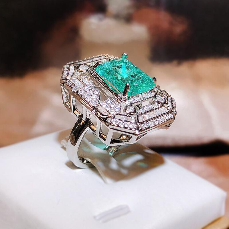 Geometric Square Green Zircon Ring Luxury White Full Diamond Opening 925 Sterling Silver Women's Jewelry High-end Banquet Ring