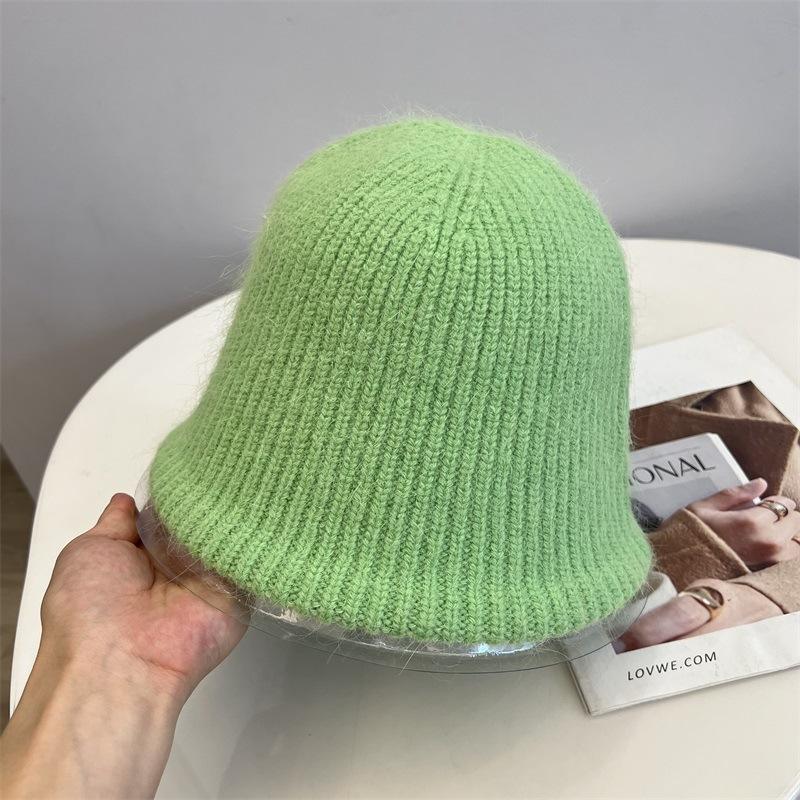 Rabbit hair blended wool knitted vertical striped bucket hat women's autumn and winter warm solid color literary fisherman hat