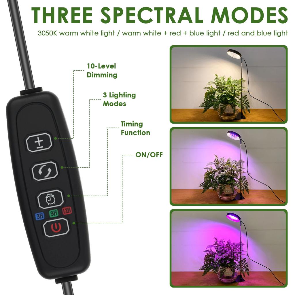 LED Grow Light Full Spectrum Plant Lamp Dimmable 3 Modes Height Adjustable Indoor Plants Light 3/9/12H Timer 10-Level Dimming