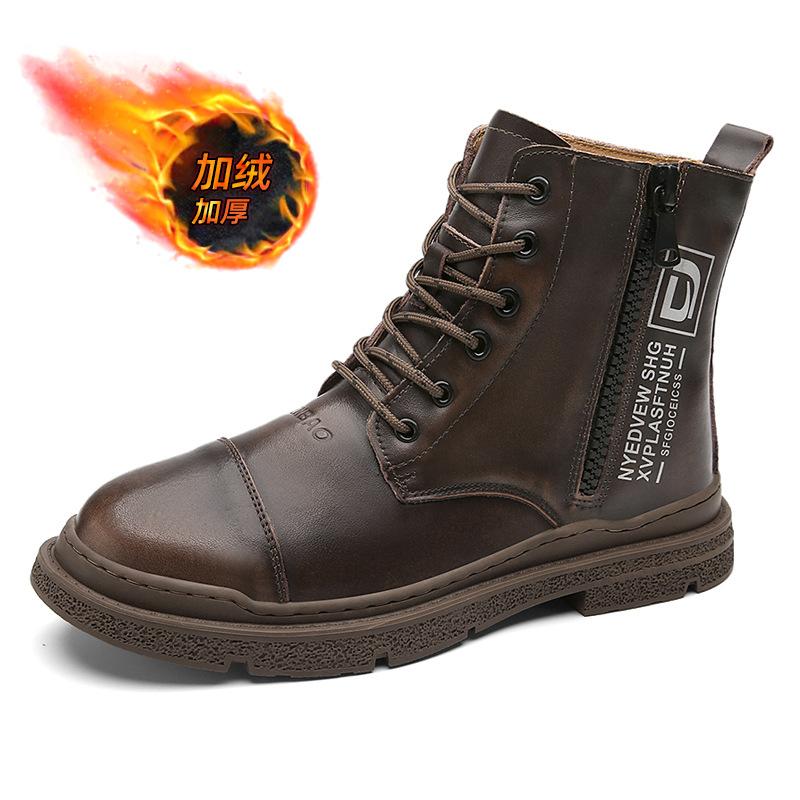 Winter Herrenstiefel aus echtem Leder Warme Plüsch-Schneestiefel Outdoor Wasserdichte Herrenstiefel Mode Reißverschluss Motorradstiefel