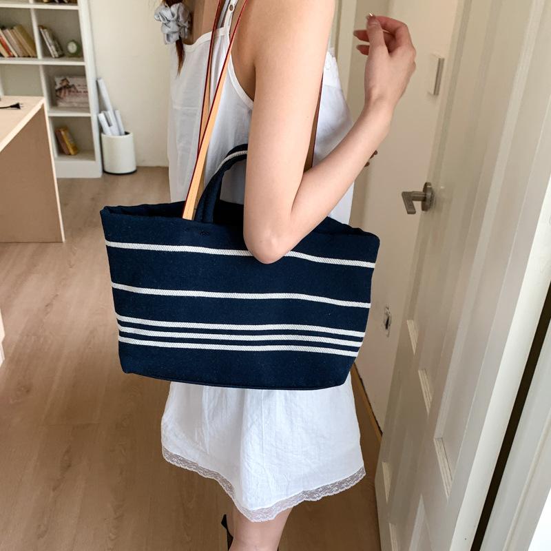 Women's Bag New Fashion Striped Casual Tote Bag Simple Commuting Versatile Contrasting Color Large Capacity Trendy Canvas Bag