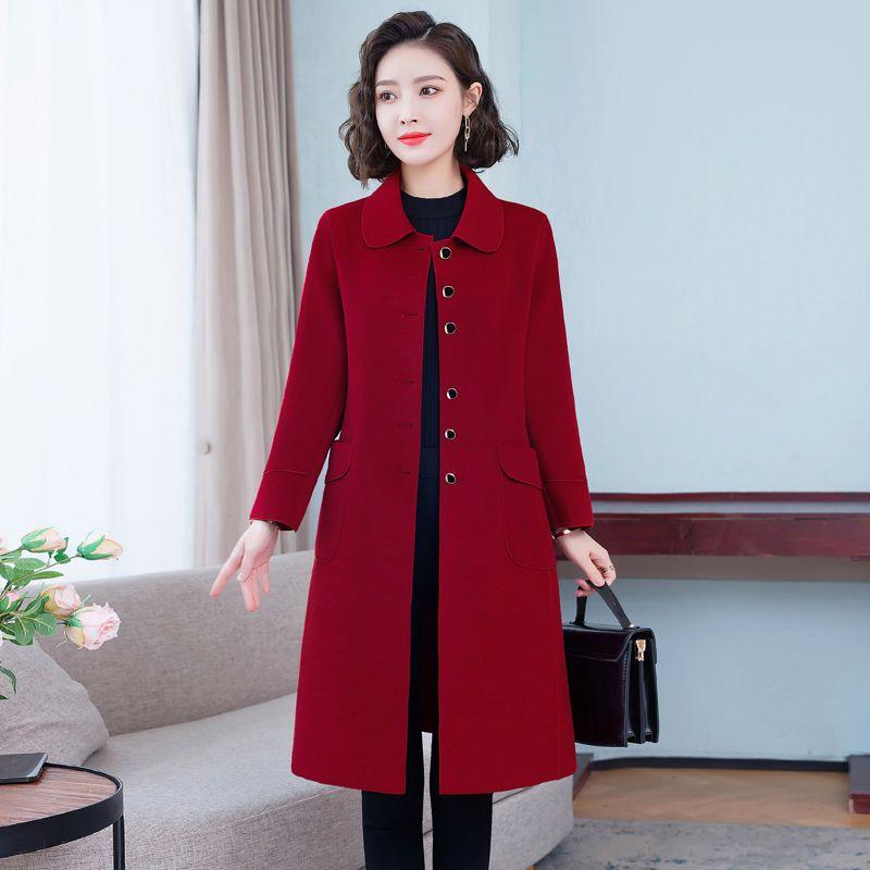 Elegant Pure Color Double Faced Wool Coat Women Slim Fit Mid Long High Quality Autumn Winter Trench Coat