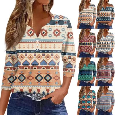 Women's Floral Print V,Neck Casual Three,Quarter Sleeve Button,Detail Top