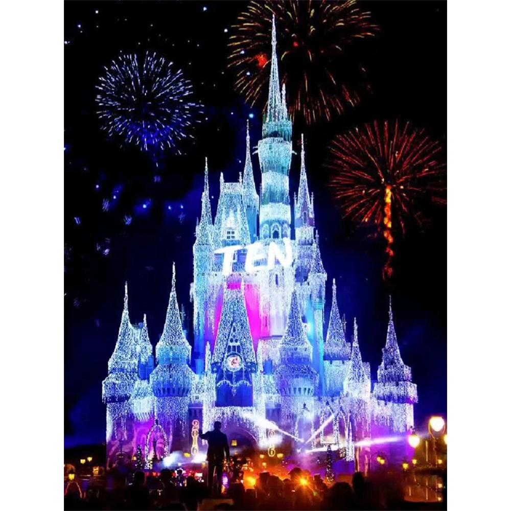 

Disney Diamond Painting Disney Castle 10th Anniversary Fireworks Show 5D Mosaic Art DIY Cross Stitch Embroidery Set Full Diamond Home Decor Gift Round 20x30cm