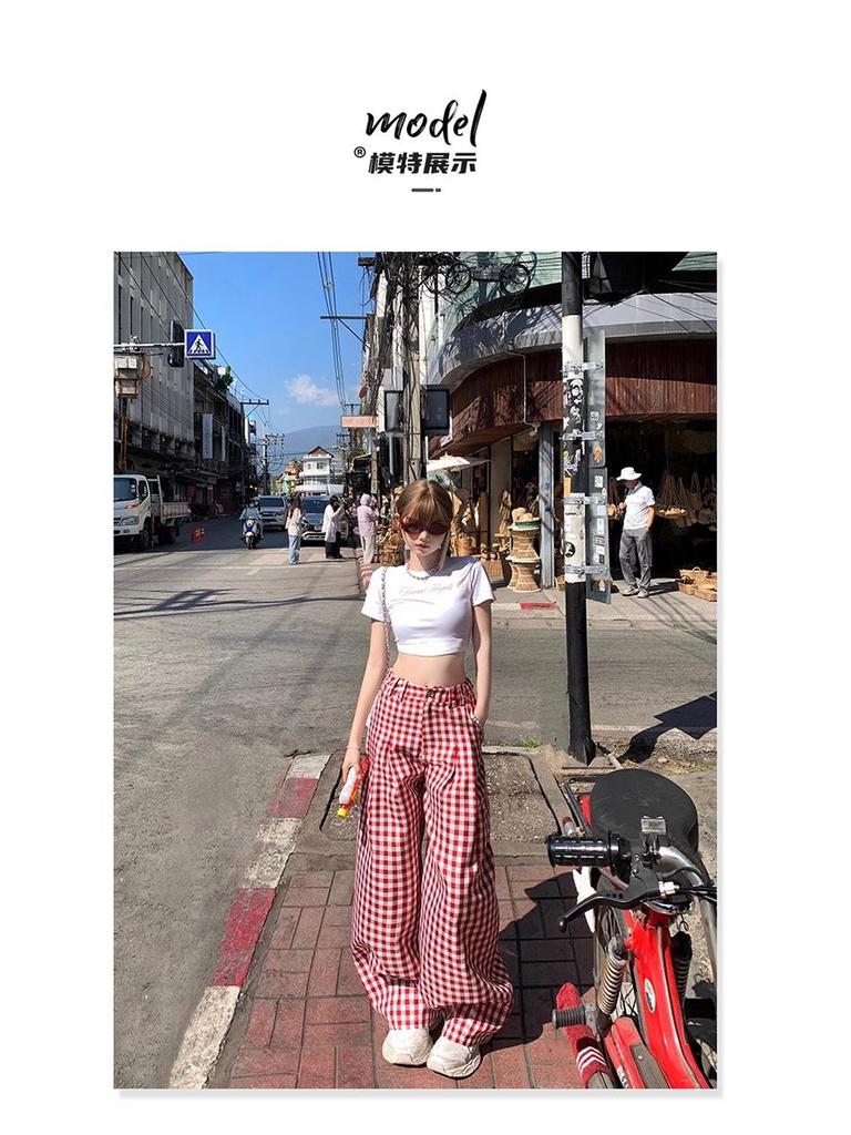 Women's Retro Red Plaid High-Waisted Wide-Leg Pants - 2025 Spring Collection