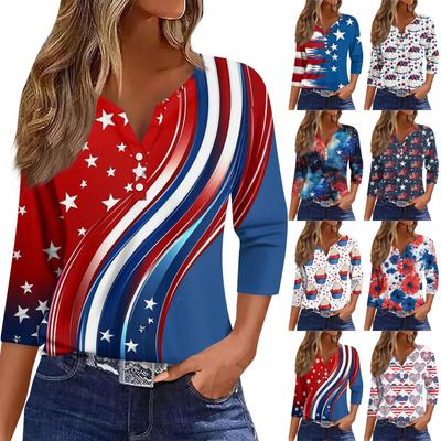 3/4 Length Sleeve Womens Tops Print Vintage Fashion Casual Loose With V Neck Plus Size Shirts Independence Day