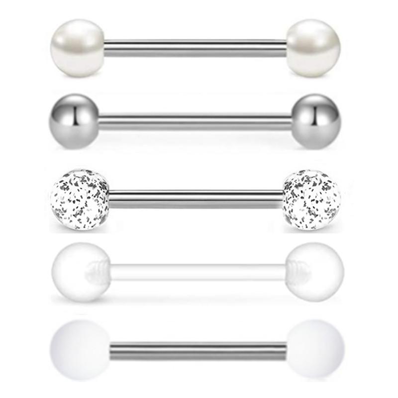 5PCS Acrylic Tongue Piercing Barbell Set Stainless Steel Glitter Tongue Rings Lot 14G Nipple Piercing Bar Bulk Piercing Langue