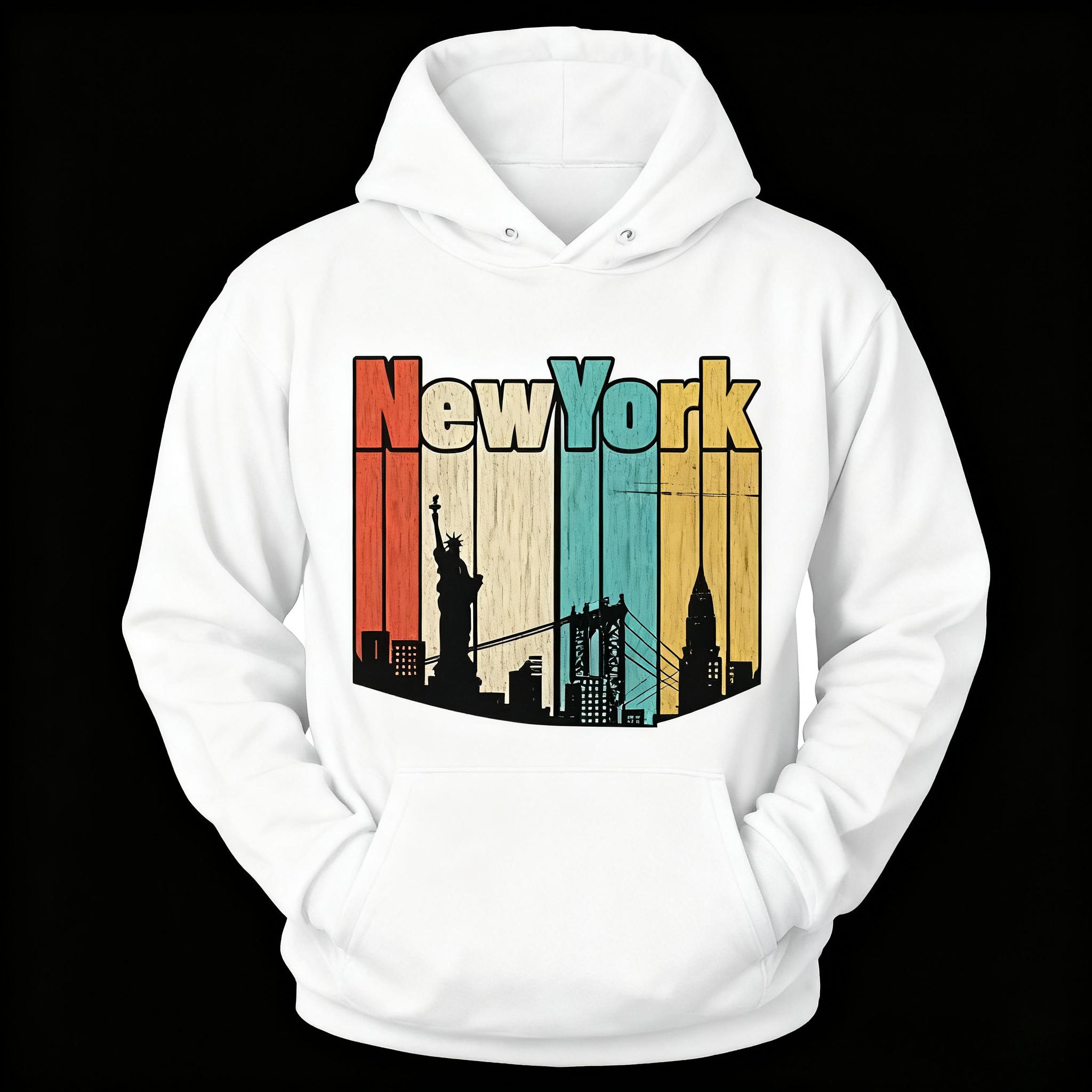 

New York Retro Skyline Hoodie, Vintage Statue Liberty Print Sweatshirt, Warm American Style Top for Men Women Winter 3XL